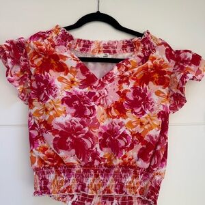 Entro pink/orange floral with smocking at waist & neckline